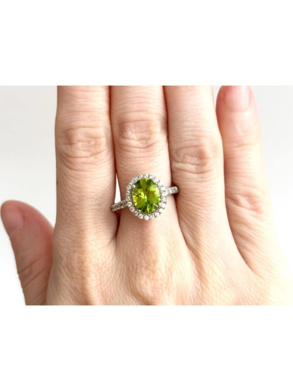 Peridot Gemstone Halo CZ Lined Sterling Silver 925 Vintage Ring - sz 7.25 - Picture 12 of 16